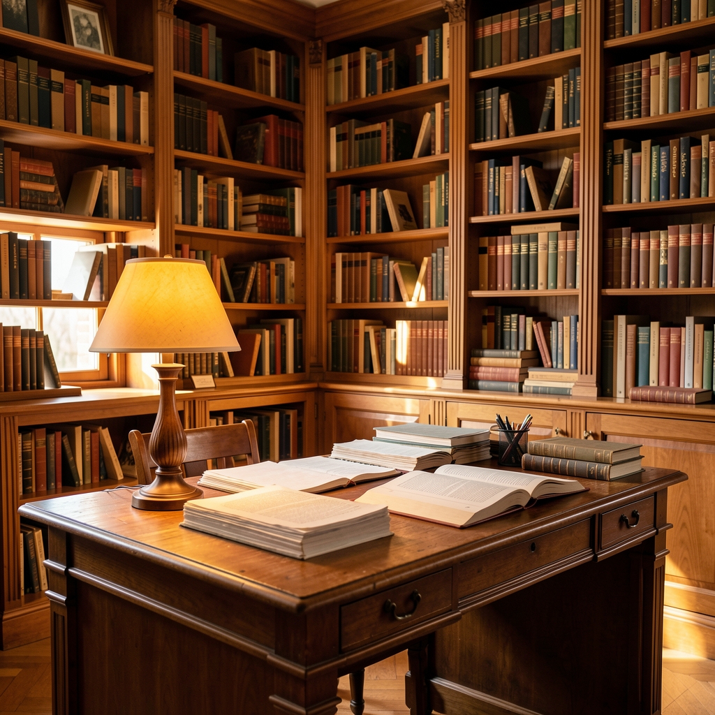 Sunlit reading room with tall wooden bookshelves, warm amber lamp light, a wooden desk with neatly arranged papers and an open book, academic and serene atmosphere
