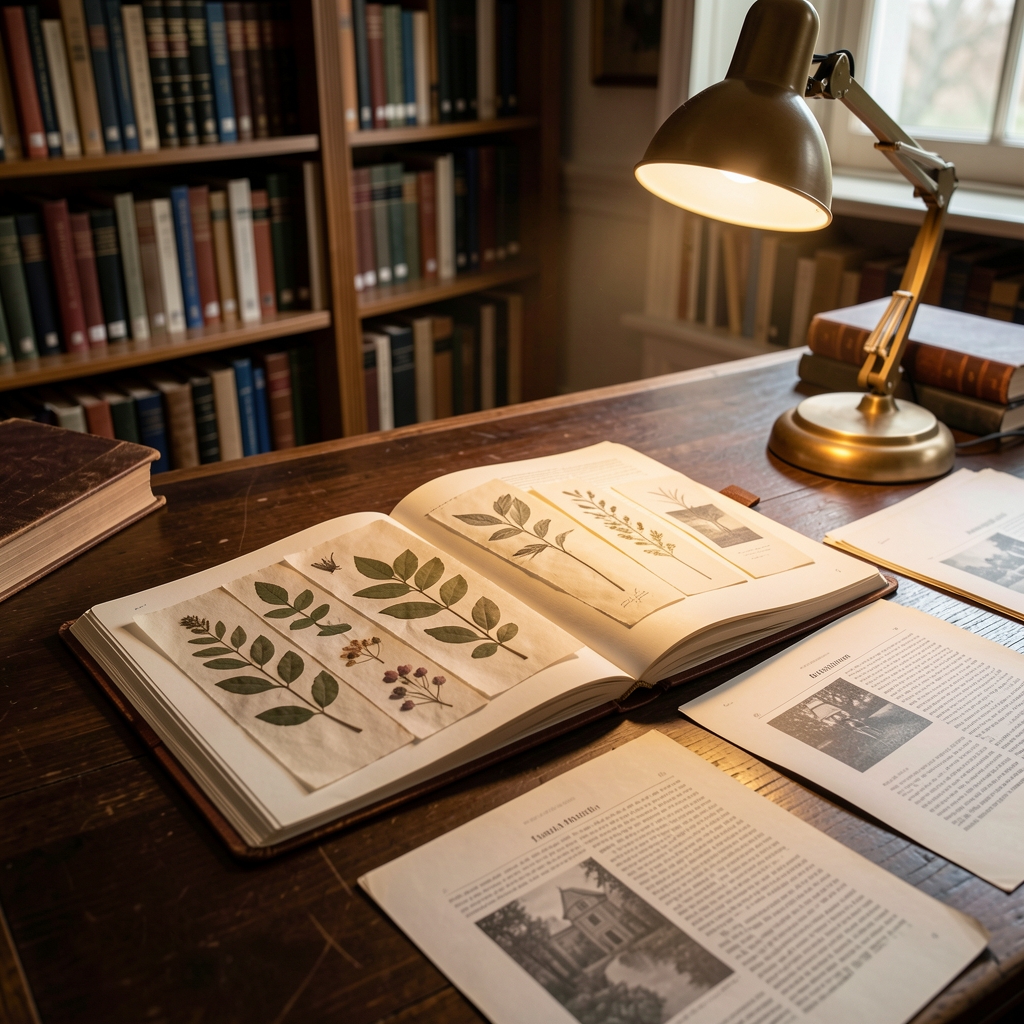 Editorial desk with an open notebook, botanical samples pressed between paper, a warm reading lamp and scattered printed pages on a dark wooden surface in a library setting
