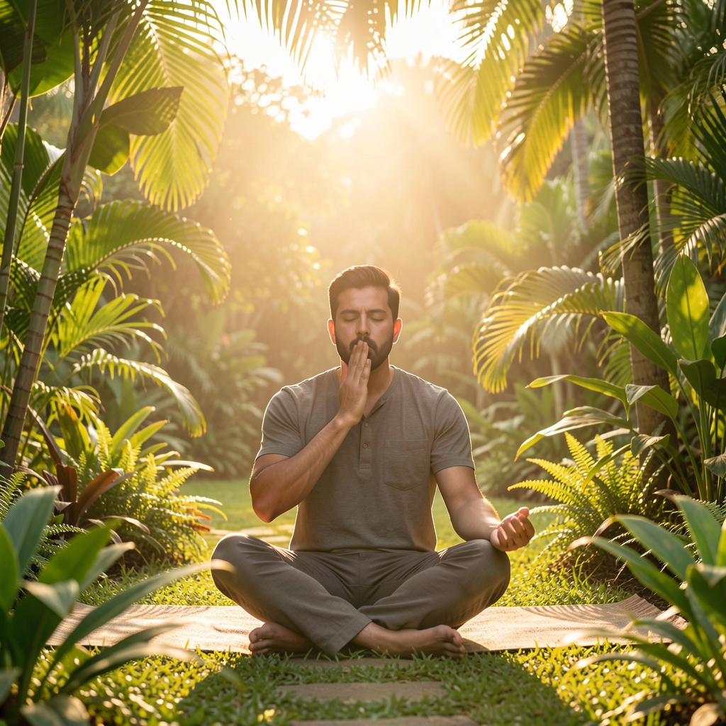 Man sitting cross-legged in a peaceful tropical garden at sunrise doing breathing exercises, surrounded by green plants with soft golden morning light filtering through the leaves