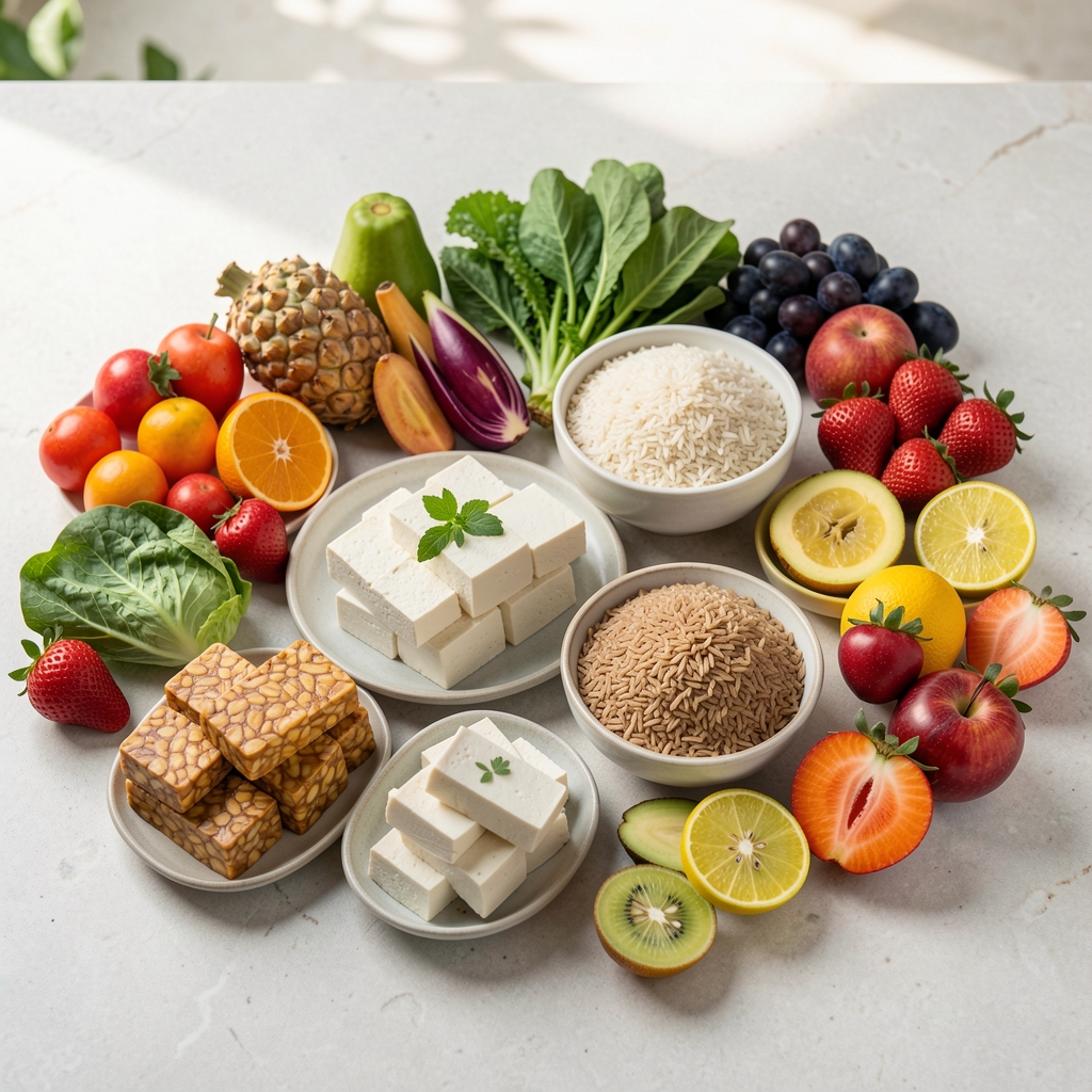 Colourful spread of Indonesian whole foods including tempeh, tofu, brown rice, fresh vegetables and tropical fruits arranged on a clean light stone surface in natural daylight