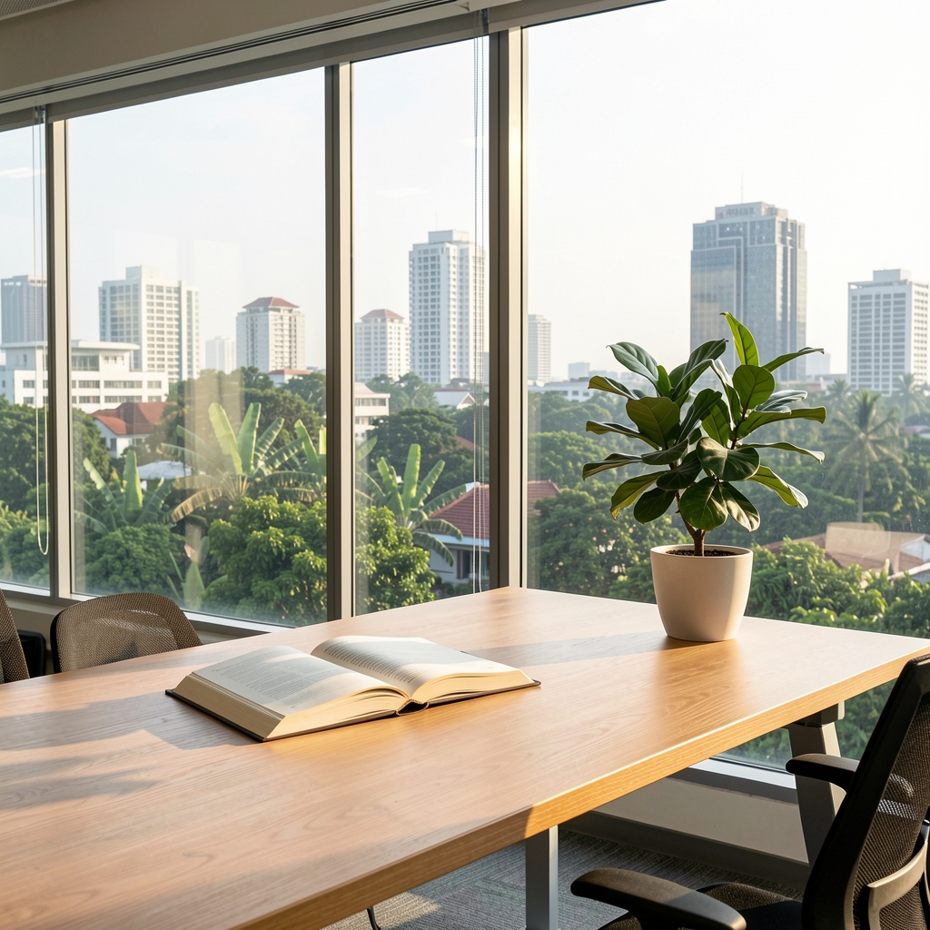 Clean minimalist workspace in a Jakarta office building with large glass windows overlooking lush city greenery, morning light on a wooden desk with an open journal and potted plant