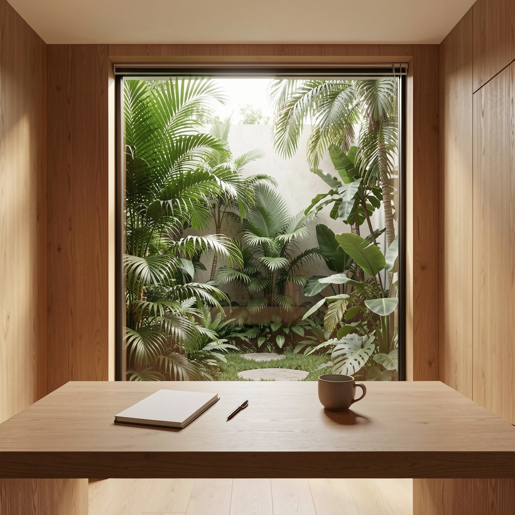Minimalist office interior in warm natural wood tones with a large window overlooking a lush green tropical courtyard, a clean desk with notebook and a ceramic cup, evoking calm focus