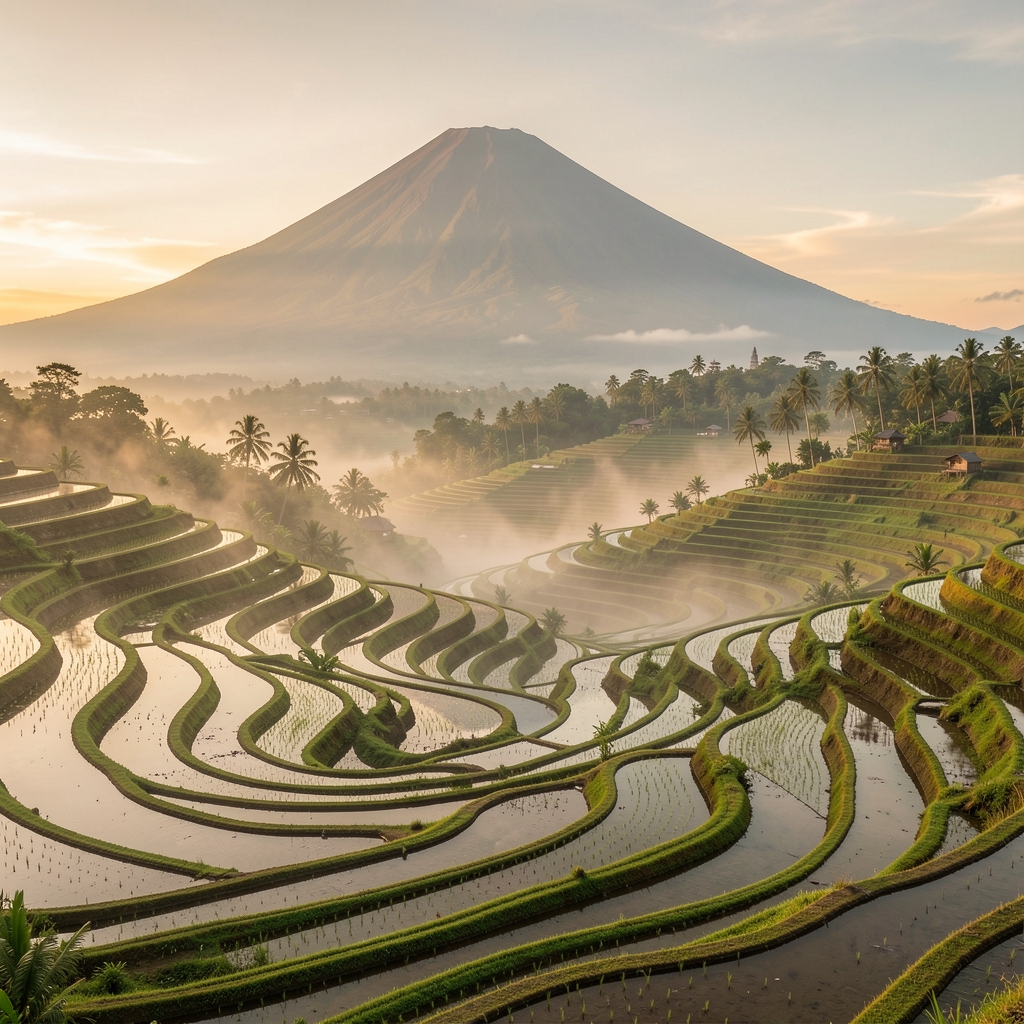 Wide panoramic view of Indonesian terraced rice fields during golden hour, soft mist rising between the terraces, ancient volcanic peaks visible in the background