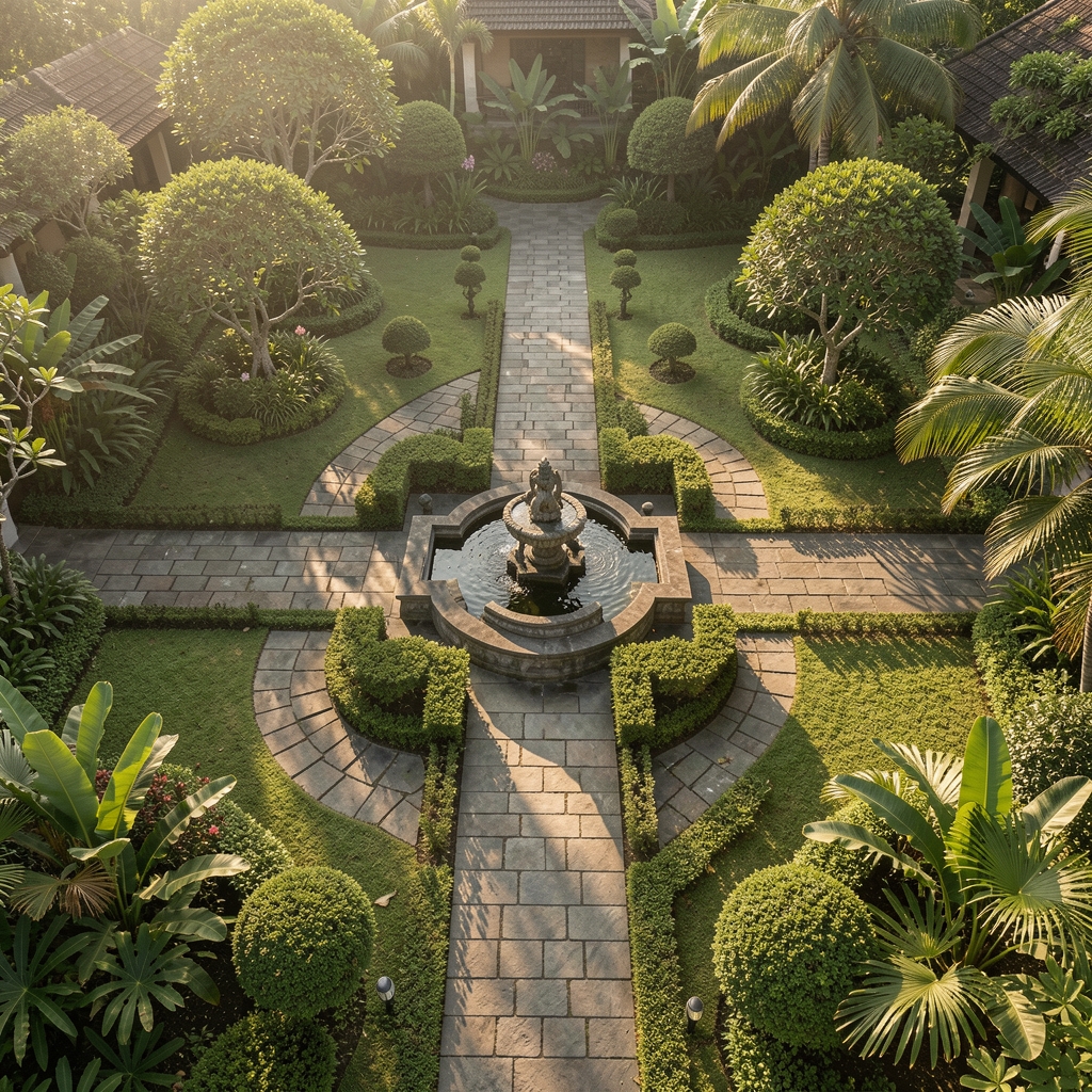 Aerial view of a tranquil Indonesian garden with symmetrical stone paths, ornamental water feature, and trimmed tropical plants in early morning light creating geometric shadows