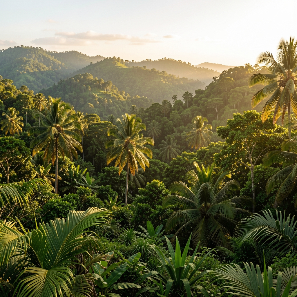 Serene tropical landscape at golden hour with lush green hills, warm afternoon light casting long shadows across dense foliage, evoking calm and natural abundance