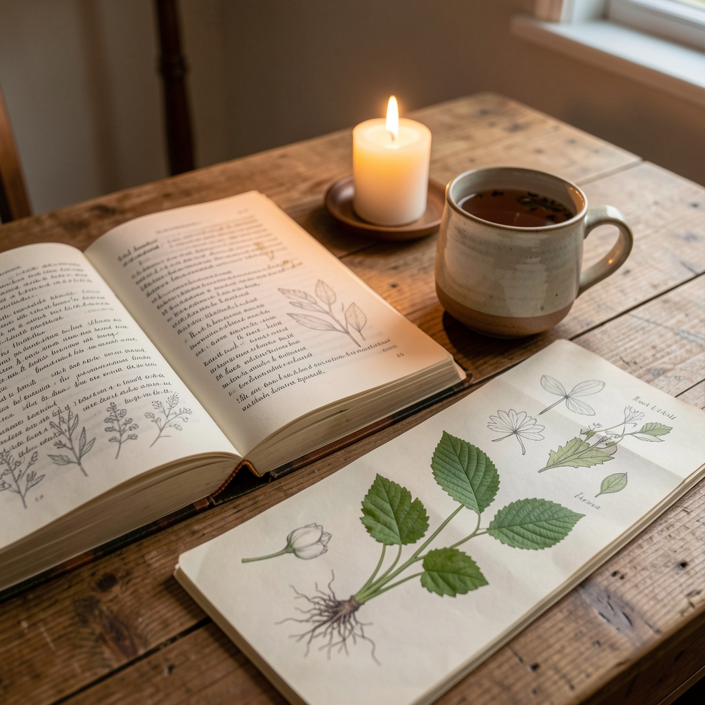 Open book on a wooden desk with handwritten botanical notes and sketches of leaves and roots beside a small ceramic cup of herbal tea in warm candlelight