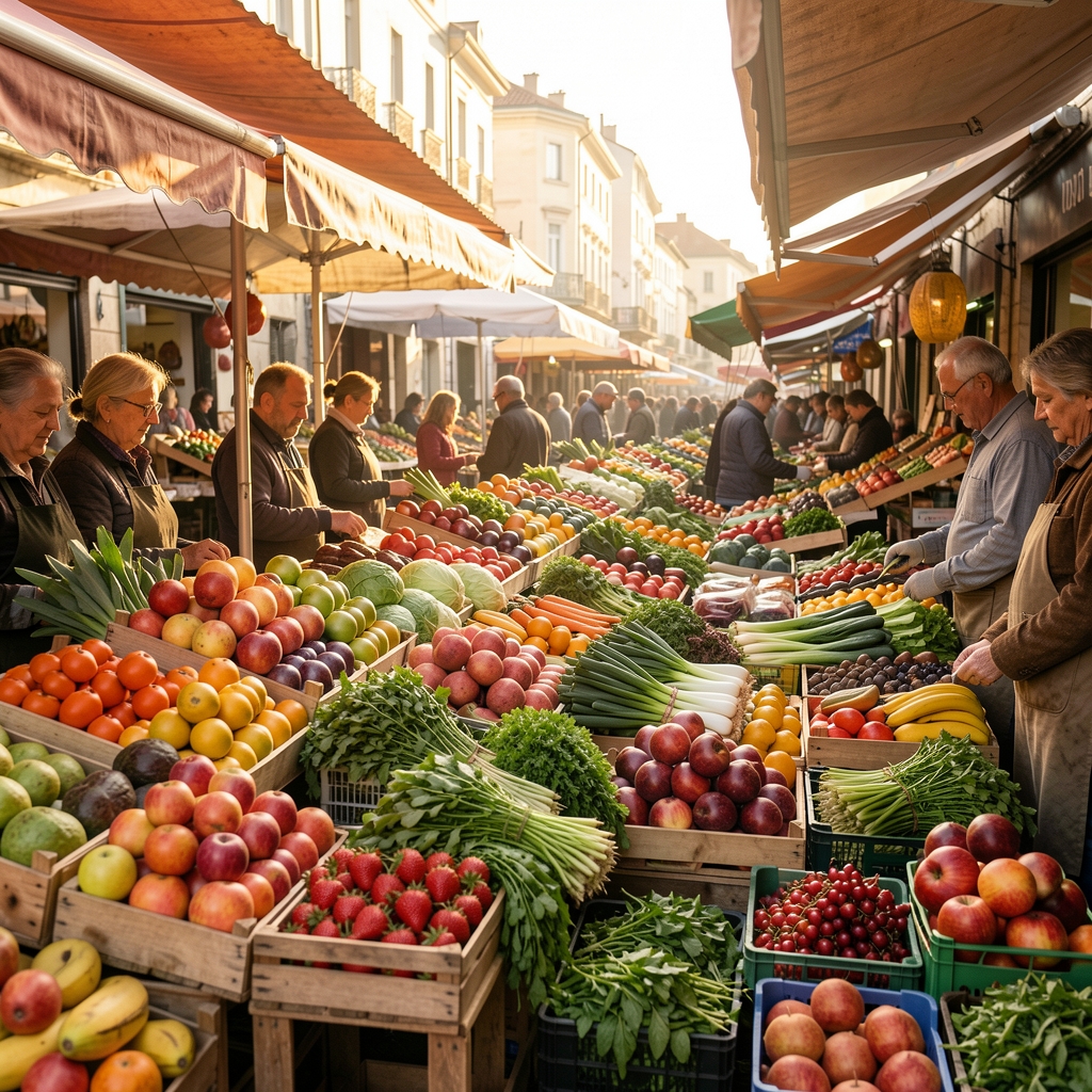 Tropical Indonesian morning market with colourful displays of fresh local fruits, vegetables, and herbs, bathed in warm early light, showing natural abundance and food diversity