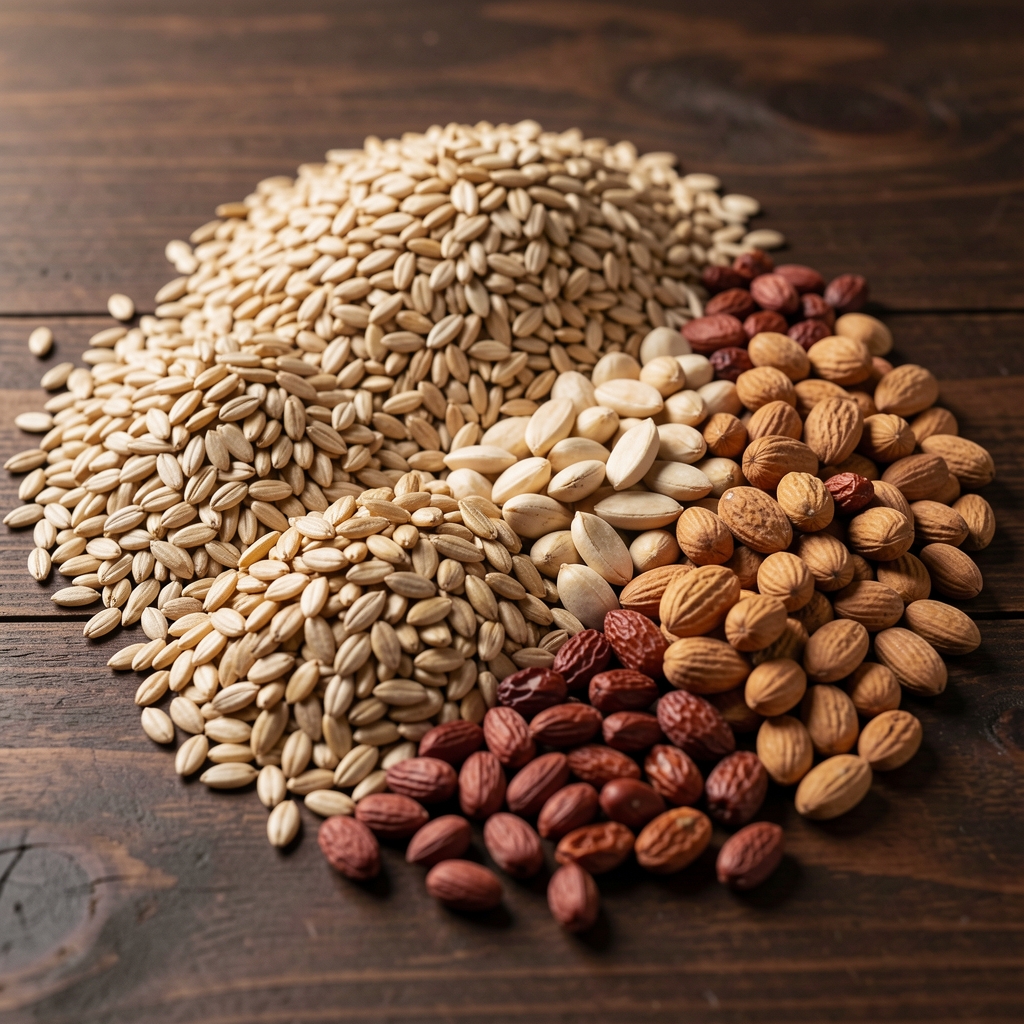 Close-up of a variety of whole grains, seeds, and dried legumes arranged neatly on a dark wooden surface, showcasing natural textures and warm earthy tones
