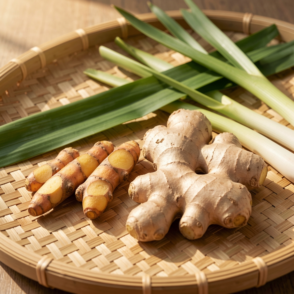 Traditional Indonesian herbal ingredients including turmeric roots, ginger, lemongrass, and pandan leaves arranged on a woven bamboo mat in soft morning light